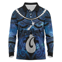 Personalized Maori Matariki Hei Matau Long Sleeve Polo Shirt Maori Kowhaiwhai Pattern Galaxy LT01 Blue - Polynesian Pride