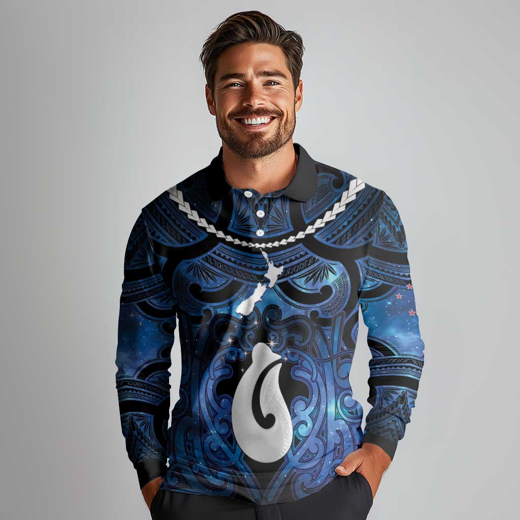 Personalized Maori Matariki Hei Matau Long Sleeve Polo Shirt Maori Kowhaiwhai Pattern Galaxy LT01 - Polynesian Pride