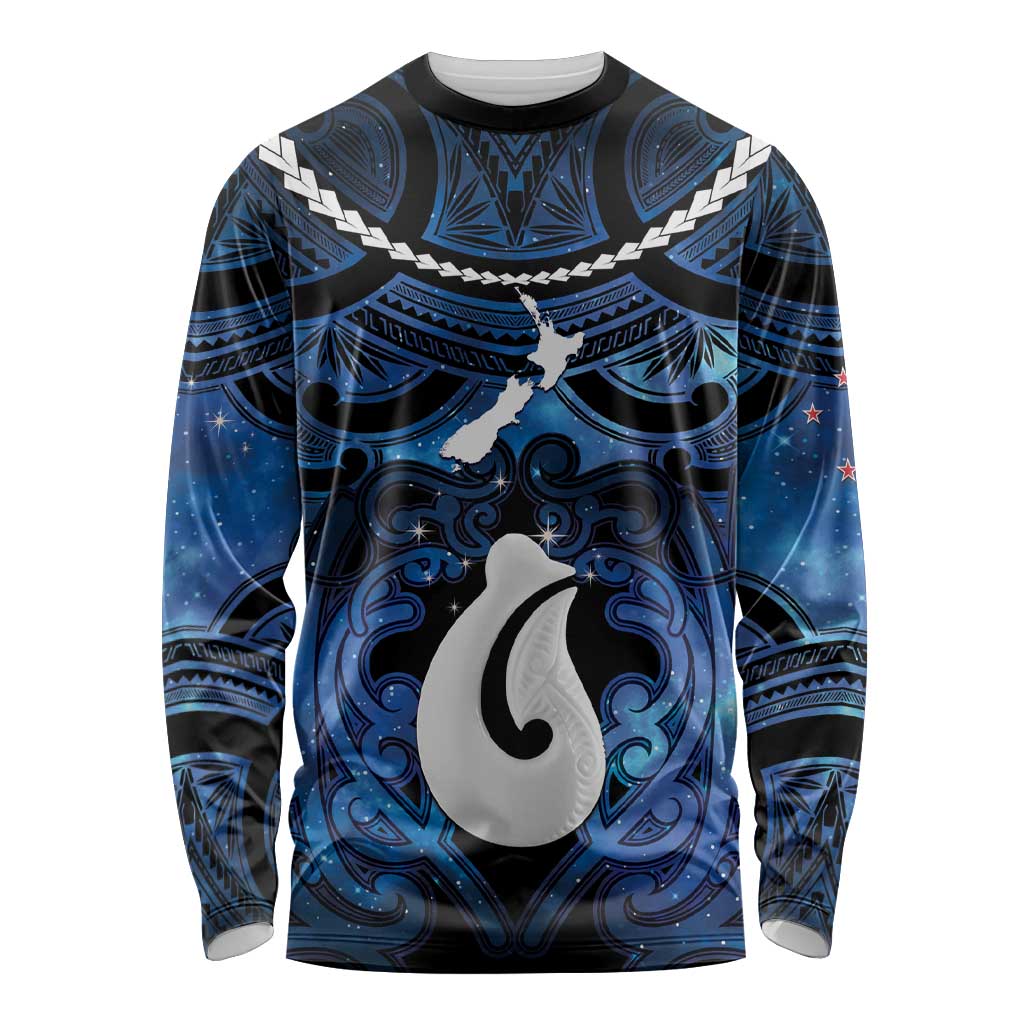 Personalized Maori Matariki Hei Matau Long Sleeve Shirt Maori Kowhaiwhai Pattern Galaxy LT01 Unisex Blue - Polynesian Pride