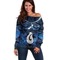 Personalized Maori Matariki Hei Matau Off Shoulder Sweater Maori Kowhaiwhai Pattern Galaxy LT01 Women Blue - Polynesian Pride