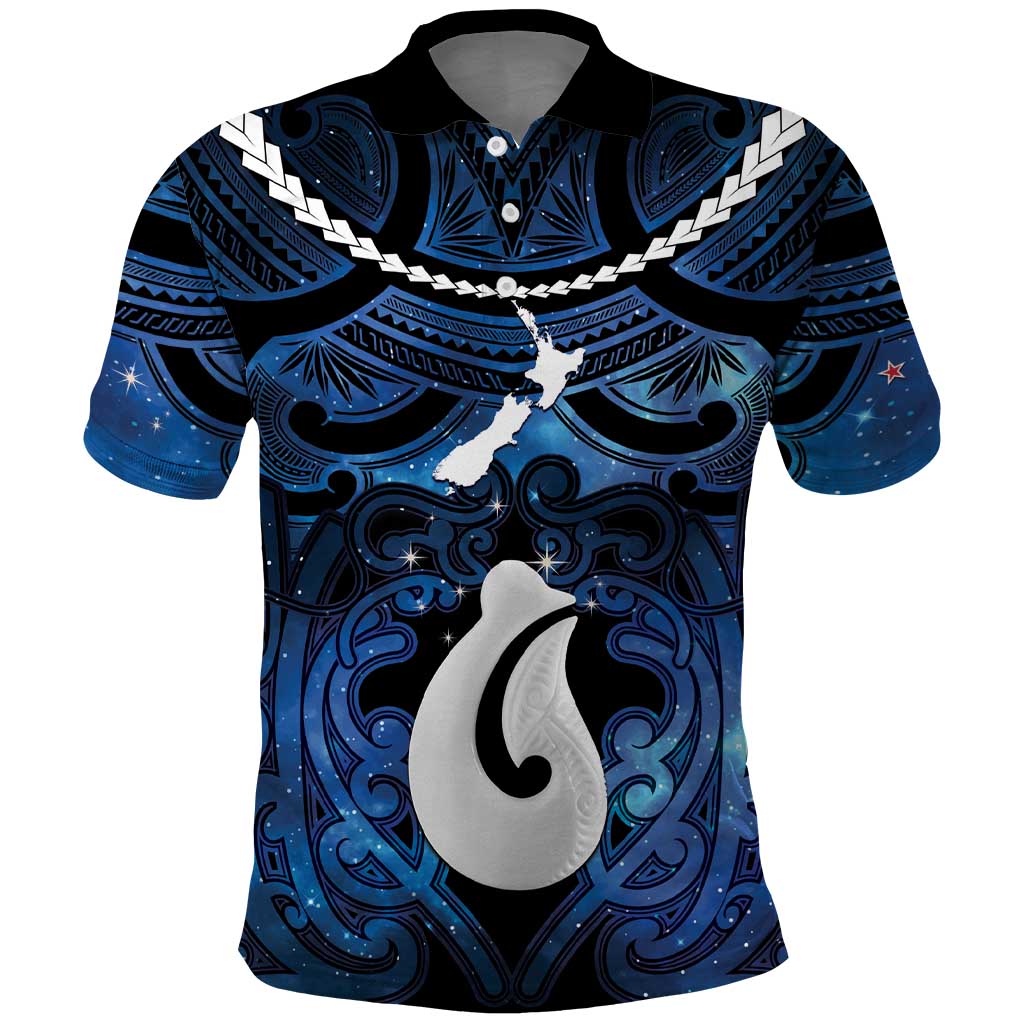 Personalized Maori Matariki Hei Matau Polo Shirt Maori Kowhaiwhai Pattern Galaxy LT01 Blue - Polynesian Pride