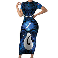 Personalized Maori Matariki Hei Matau Short Sleeve Bodycon Dress Maori Kowhaiwhai Pattern Galaxy LT01 Long Dress Blue - Polynesian Pride