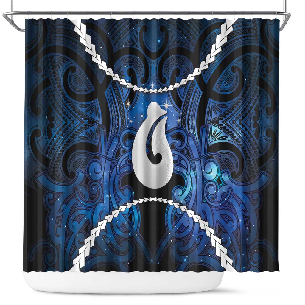 Maori Matariki Hei Matau Shower Curtain Maori Kowhaiwhai Pattern Galaxy LT01 Blue - Polynesian Pride
