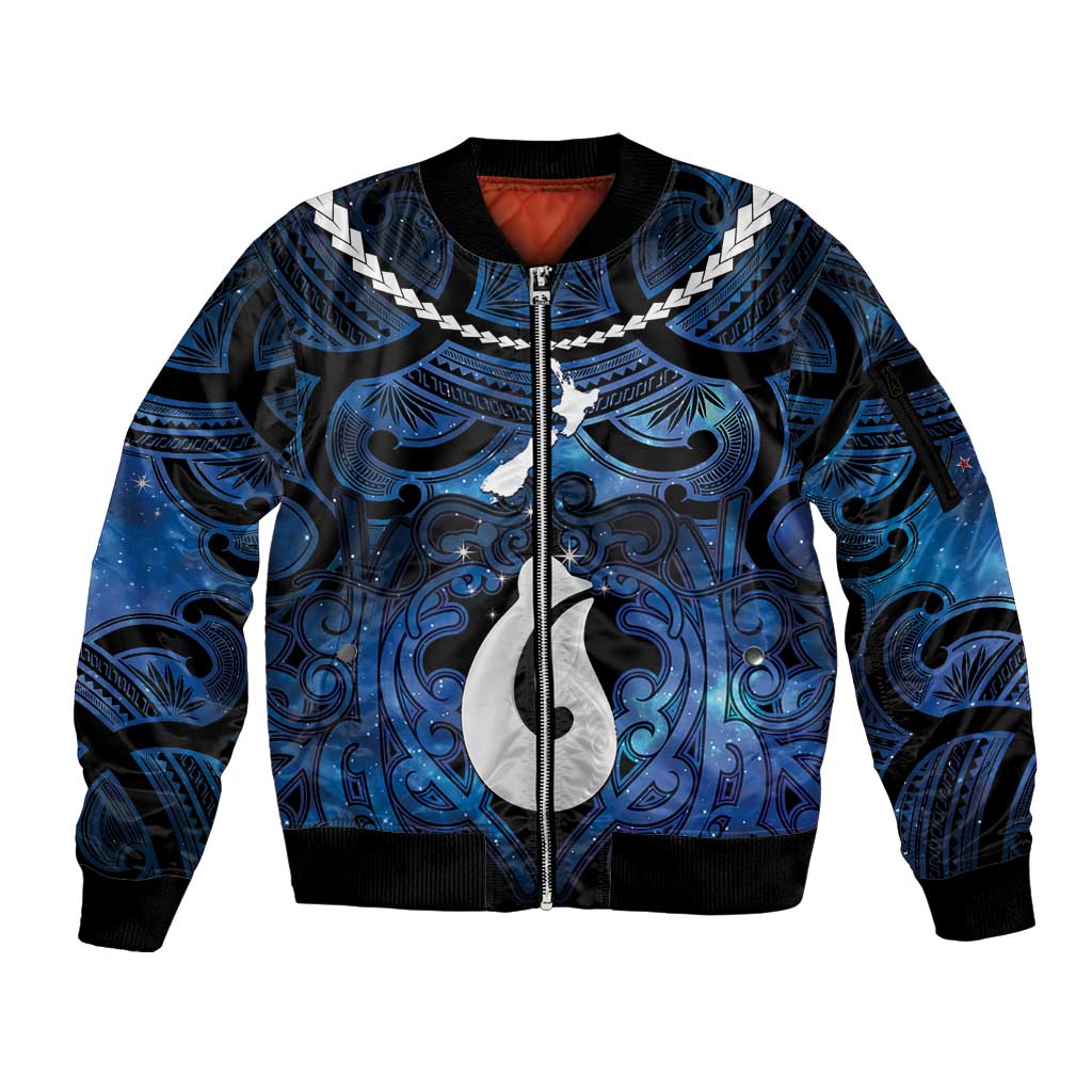 Personalized Maori Matariki Hei Matau Sleeve Zip Bomber Jacket Maori Kowhaiwhai Pattern Galaxy LT01 Unisex Blue - Polynesian Pride