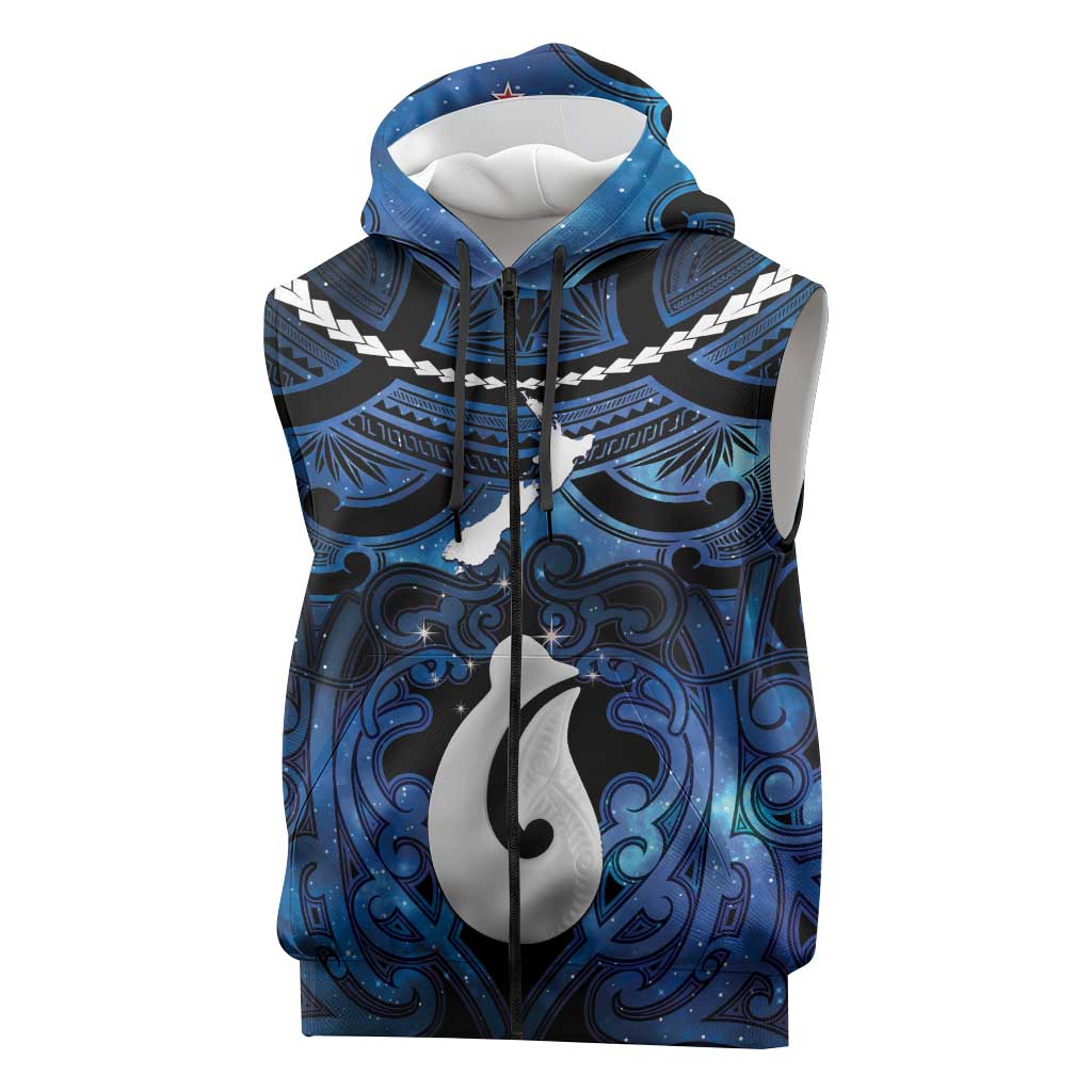 Personalized Maori Matariki Hei Matau Sleeveless Zip Hoodie Maori Kowhaiwhai Pattern Galaxy LT01 Blue - Polynesian Pride