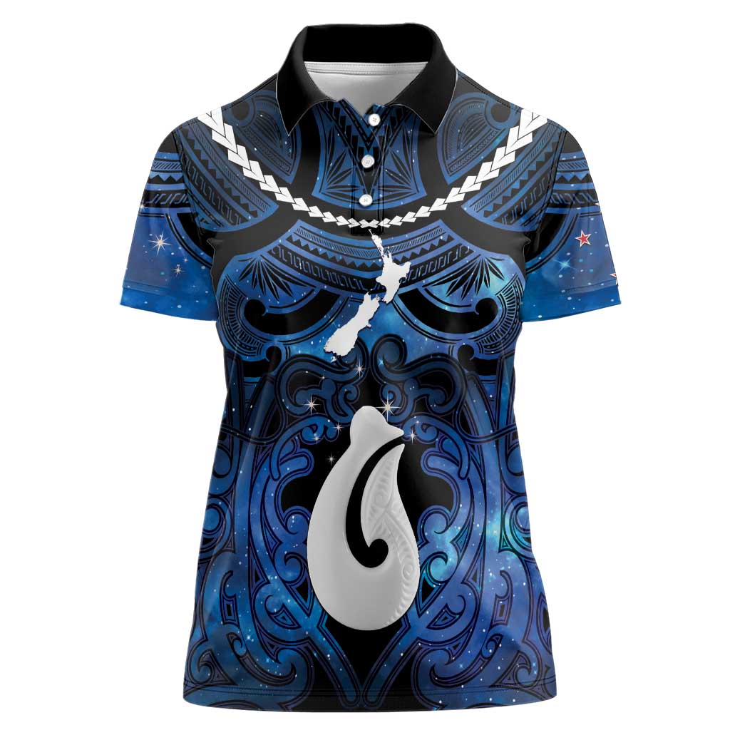 Personalized Maori Matariki Hei Matau Women Polo Shirt Maori Kowhaiwhai Pattern Galaxy LT01 Female Blue - Polynesian Pride