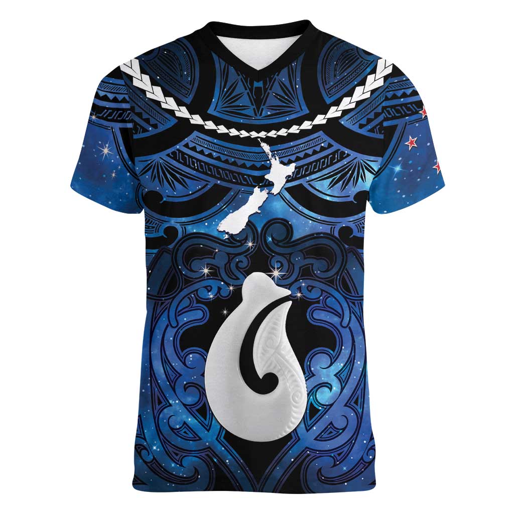 Personalized Maori Matariki Hei Matau Women V-Neck T-Shirt Maori Kowhaiwhai Pattern Galaxy LT01 Female Blue - Polynesian Pride