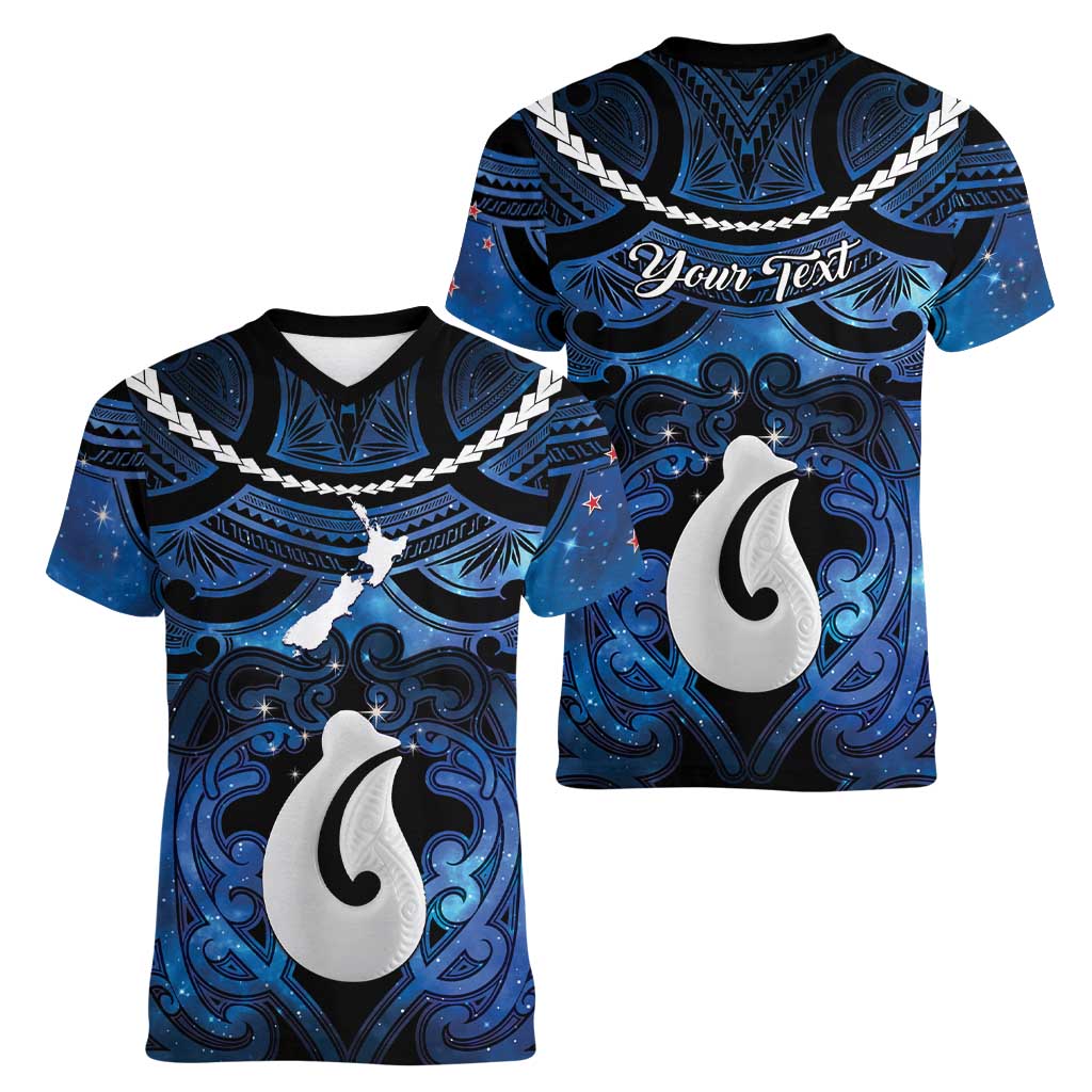 Personalized Maori Matariki Hei Matau Women V-Neck T-Shirt Maori Kowhaiwhai Pattern Galaxy LT01 - Polynesian Pride