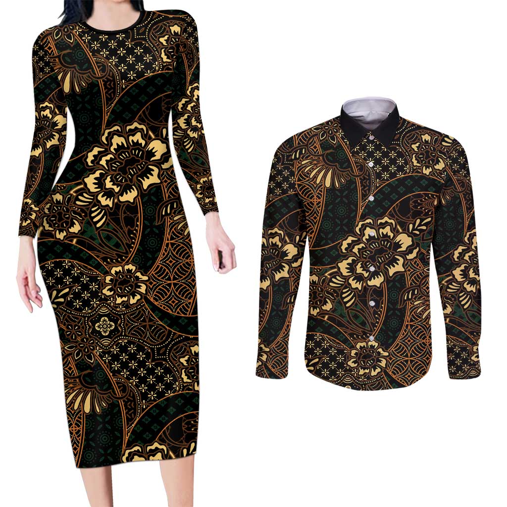 Indonesian Batik Pattern Vintage Brown Couples Matching Long Sleeve Bodycon Dress and Long Sleeve Button Shirt LT01 Brown - Polynesian Pride