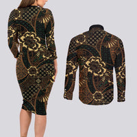 Indonesian Batik Pattern Vintage Brown Couples Matching Long Sleeve Bodycon Dress and Long Sleeve Button Shirt LT01 - Polynesian Pride