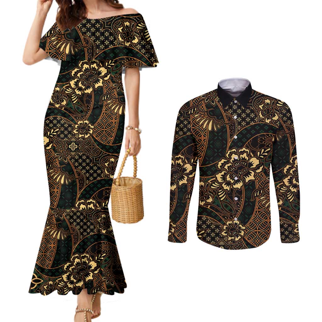 Indonesian Batik Pattern Vintage Brown Couples Matching Mermaid Dress and Long Sleeve Button Shirt LT01 Brown - Polynesian Pride
