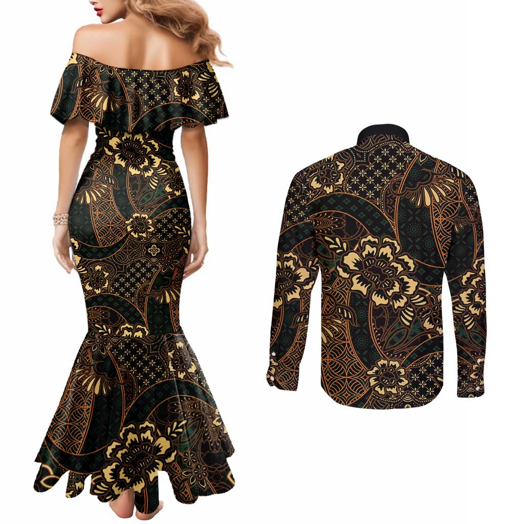 Indonesian Batik Pattern Vintage Brown Couples Matching Mermaid Dress and Long Sleeve Button Shirt LT01 - Polynesian Pride