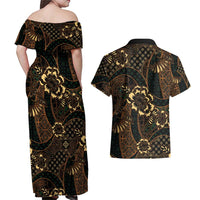Indonesian Batik Pattern Vintage Brown Couples Matching Off Shoulder Maxi Dress and Hawaiian Shirt LT01 - Polynesian Pride
