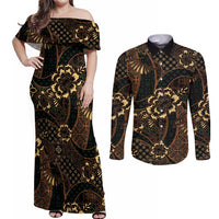 Indonesian Batik Pattern Vintage Brown Couples Matching Off Shoulder Maxi Dress and Long Sleeve Button Shirt LT01 Brown - Polynesian Pride