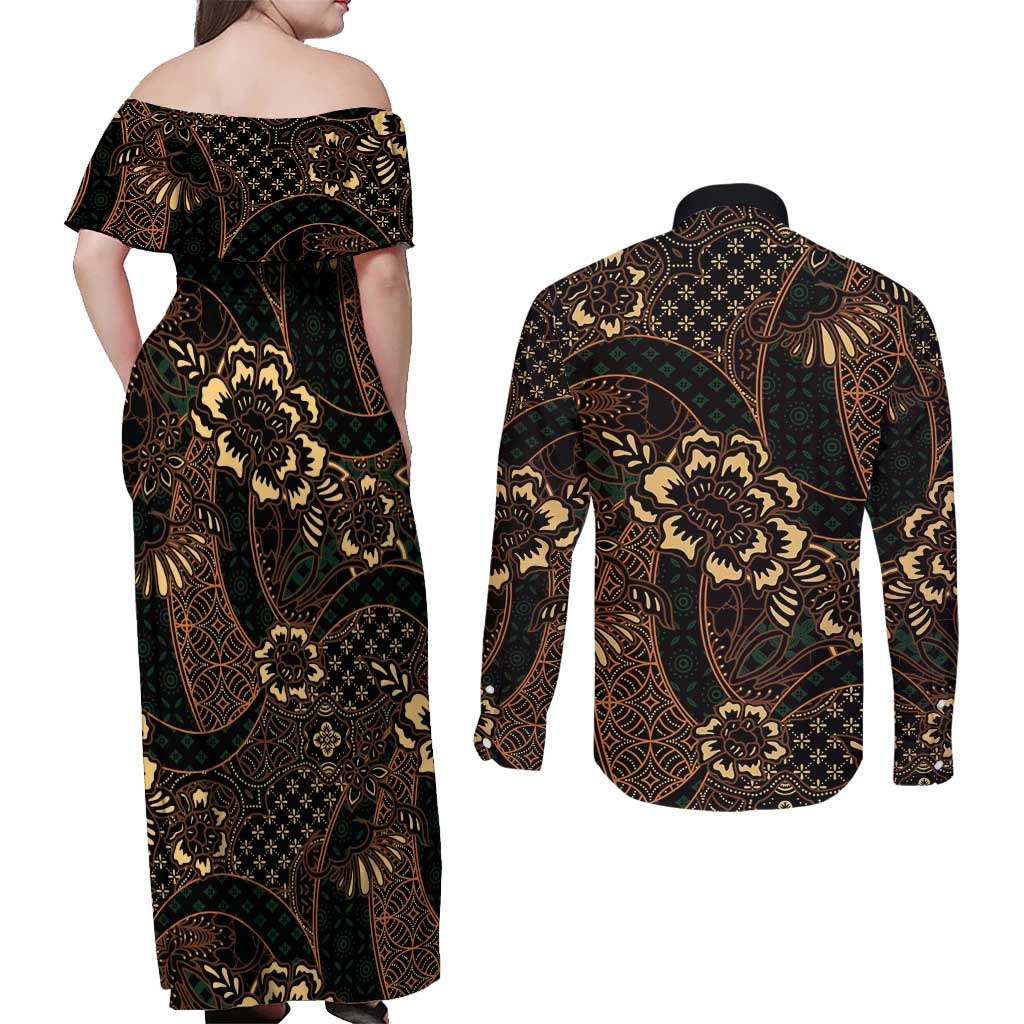 Indonesian Batik Pattern Vintage Brown Couples Matching Off Shoulder Maxi Dress and Long Sleeve Button Shirt LT01 - Polynesian Pride
