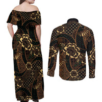 Indonesian Batik Pattern Vintage Brown Couples Matching Off Shoulder Maxi Dress and Long Sleeve Button Shirt LT01 - Polynesian Pride