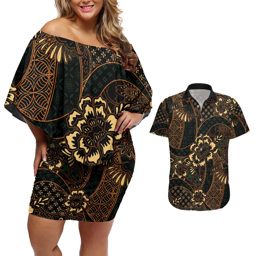 Indonesian Batik Pattern Vintage Brown Couples Matching Off Shoulder Short Dress and Hawaiian Shirt LT01 Brown - Polynesian Pride