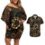 Indonesian Batik Pattern Vintage Brown Couples Matching Off Shoulder Short Dress and Hawaiian Shirt