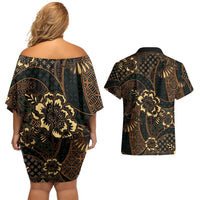 Indonesian Batik Pattern Vintage Brown Couples Matching Off Shoulder Short Dress and Hawaiian Shirt LT01 - Polynesian Pride