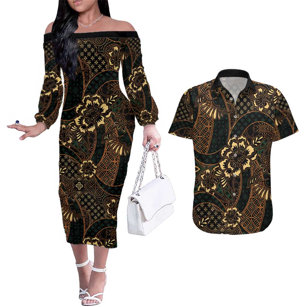 Indonesian Batik Pattern Vintage Brown Couples Matching Off The Shoulder Long Sleeve Dress and Hawaiian Shirt LT01 Brown - Polynesian Pride