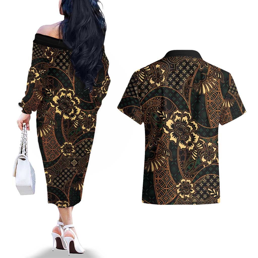 Indonesian Batik Pattern Vintage Brown Couples Matching Off The Shoulder Long Sleeve Dress and Hawaiian Shirt LT01 - Polynesian Pride