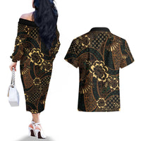 Indonesian Batik Pattern Vintage Brown Couples Matching Off The Shoulder Long Sleeve Dress and Hawaiian Shirt LT01 - Polynesian Pride