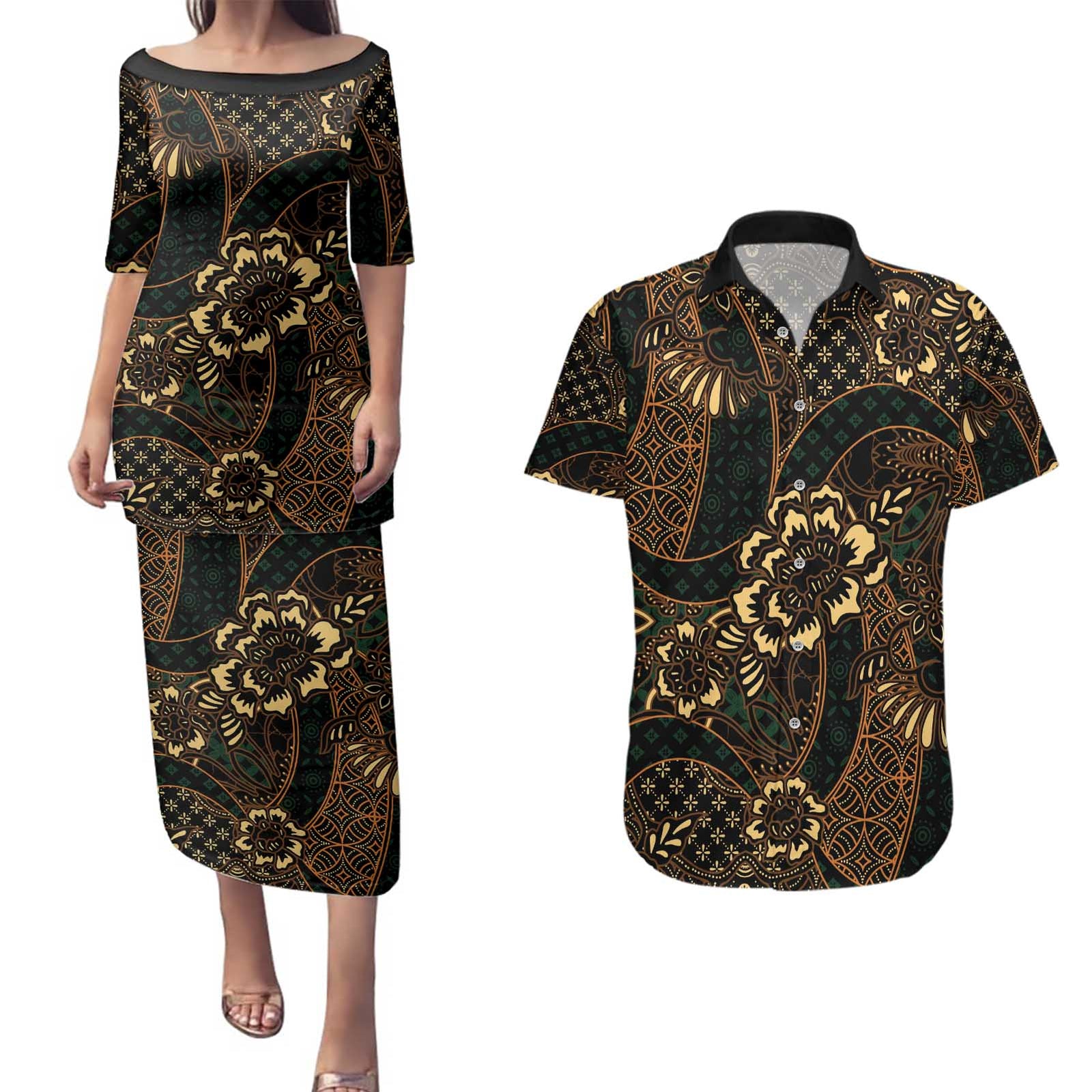 Indonesian Batik Pattern Vintage Brown Couples Matching Puletasi and Hawaiian Shirt LT01 Brown - Polynesian Pride