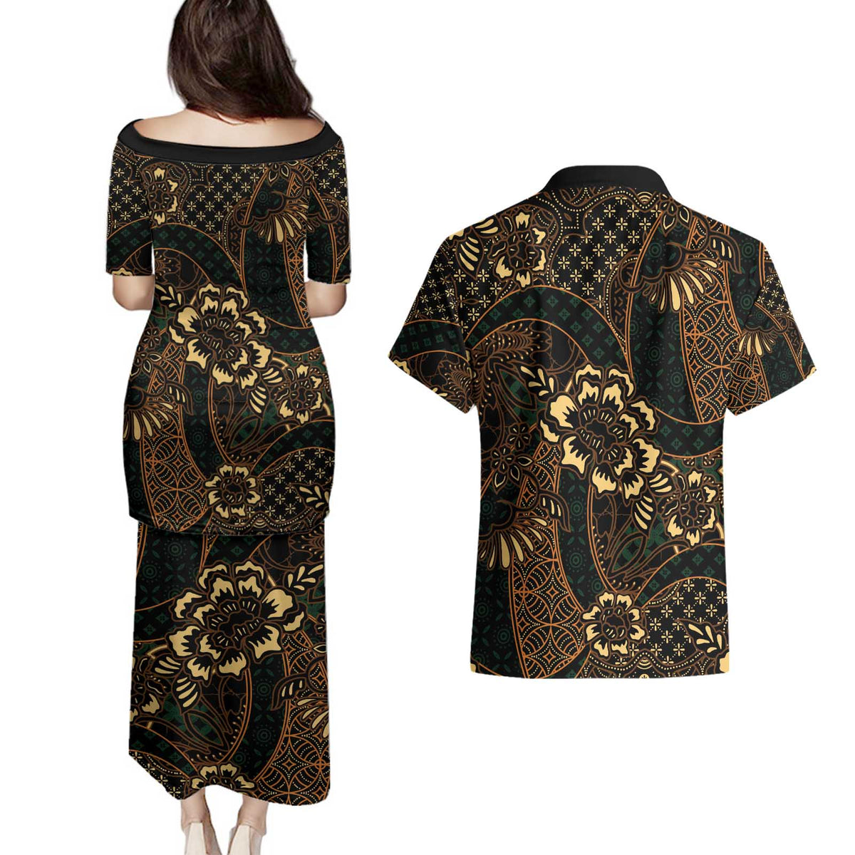 Indonesian Batik Pattern Vintage Brown Couples Matching Puletasi and Hawaiian Shirt LT01 - Polynesian Pride