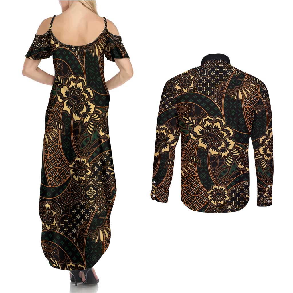 Indonesian Batik Pattern Vintage Brown Couples Matching Summer Maxi Dress and Long Sleeve Button Shirt LT01 - Polynesian Pride