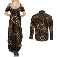 Indonesian Batik Pattern Vintage Brown Couples Matching Summer Maxi Dress and Long Sleeve Button Shirt LT01 - Polynesian Pride