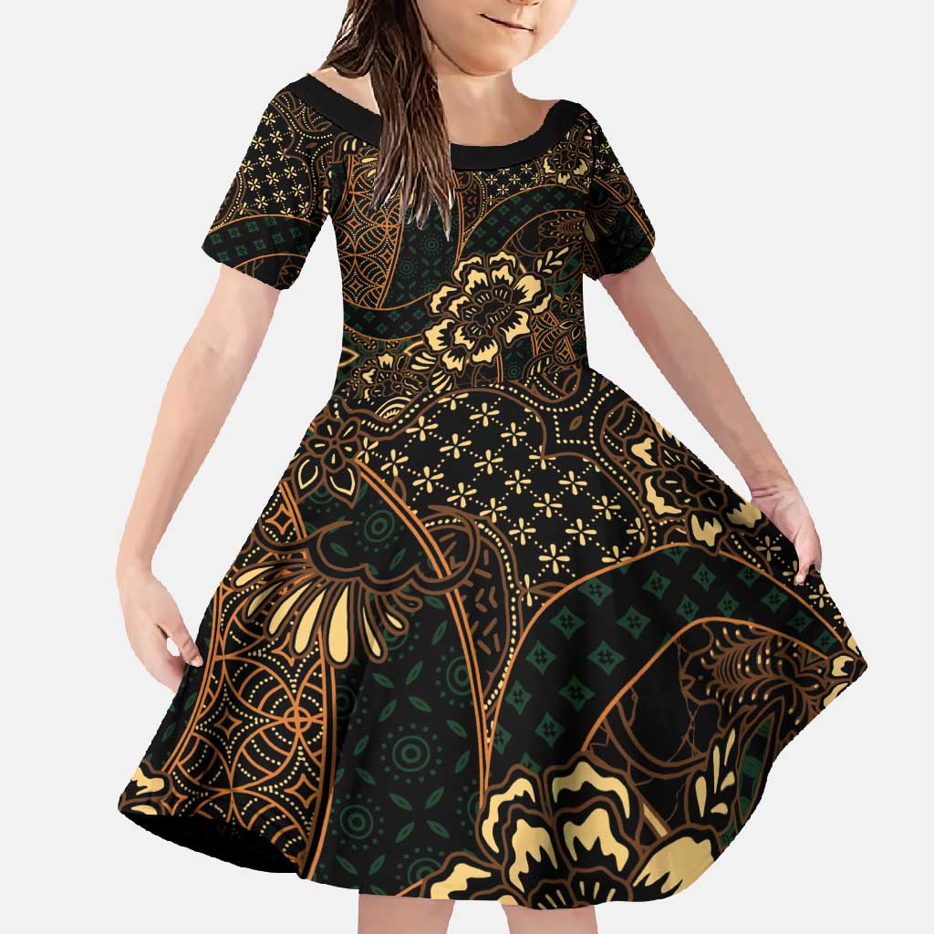 Indonesian Batik Pattern Vintage Brown Family Matching Long Sleeve Bodycon Dress and Hawaiian Shirt LT01 Daughter's Dress Brown - Polynesian Pride