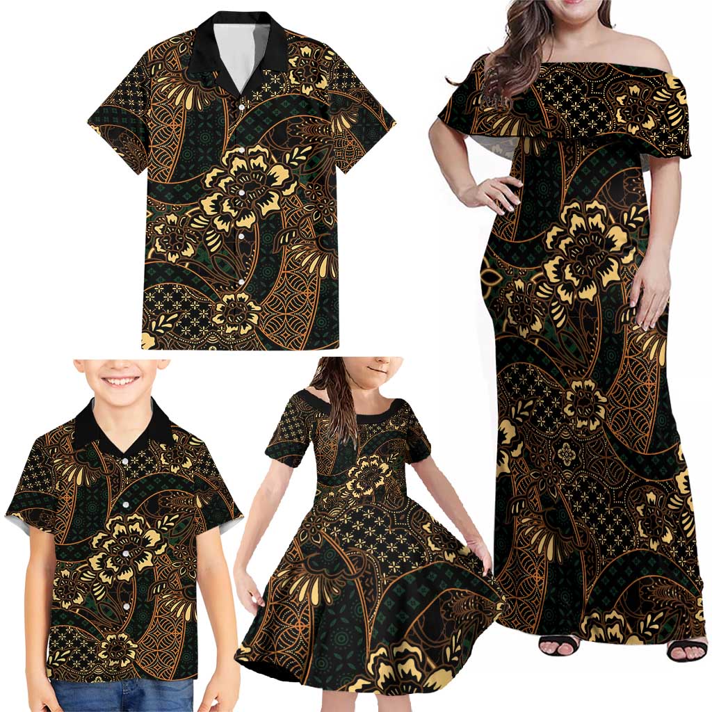 Indonesian Batik Pattern Vintage Brown Family Matching Off Shoulder Maxi Dress and Hawaiian Shirt LT01 - Polynesian Pride