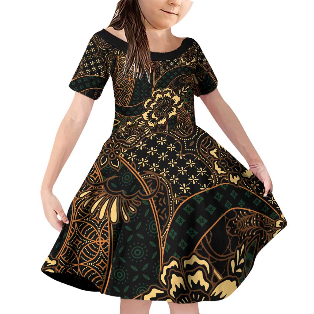 Indonesian Batik Pattern Vintage Brown Family Matching Off Shoulder Short Dress and Hawaiian Shirt LT01 Daughter's Dress Brown - Polynesian Pride