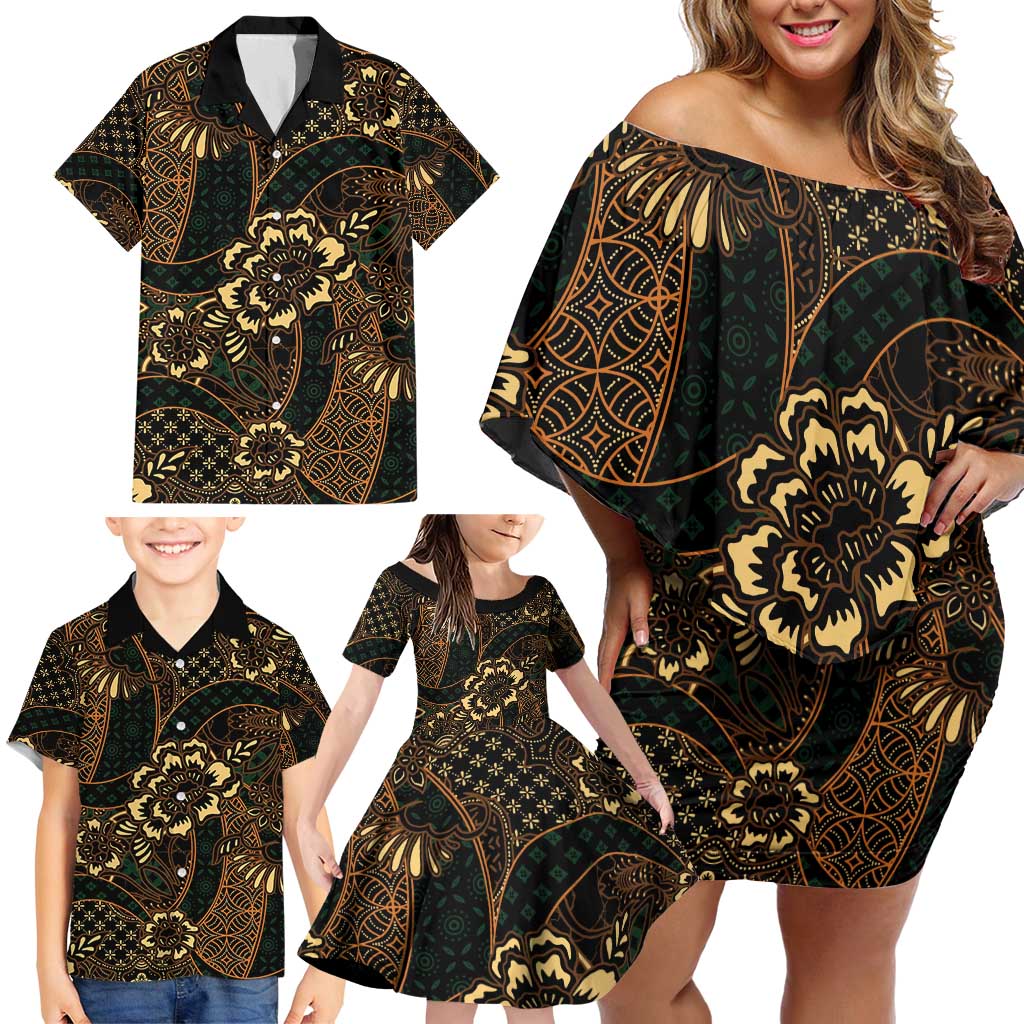 Indonesian Batik Pattern Vintage Brown Family Matching Off Shoulder Short Dress and Hawaiian Shirt LT01 - Polynesian Pride