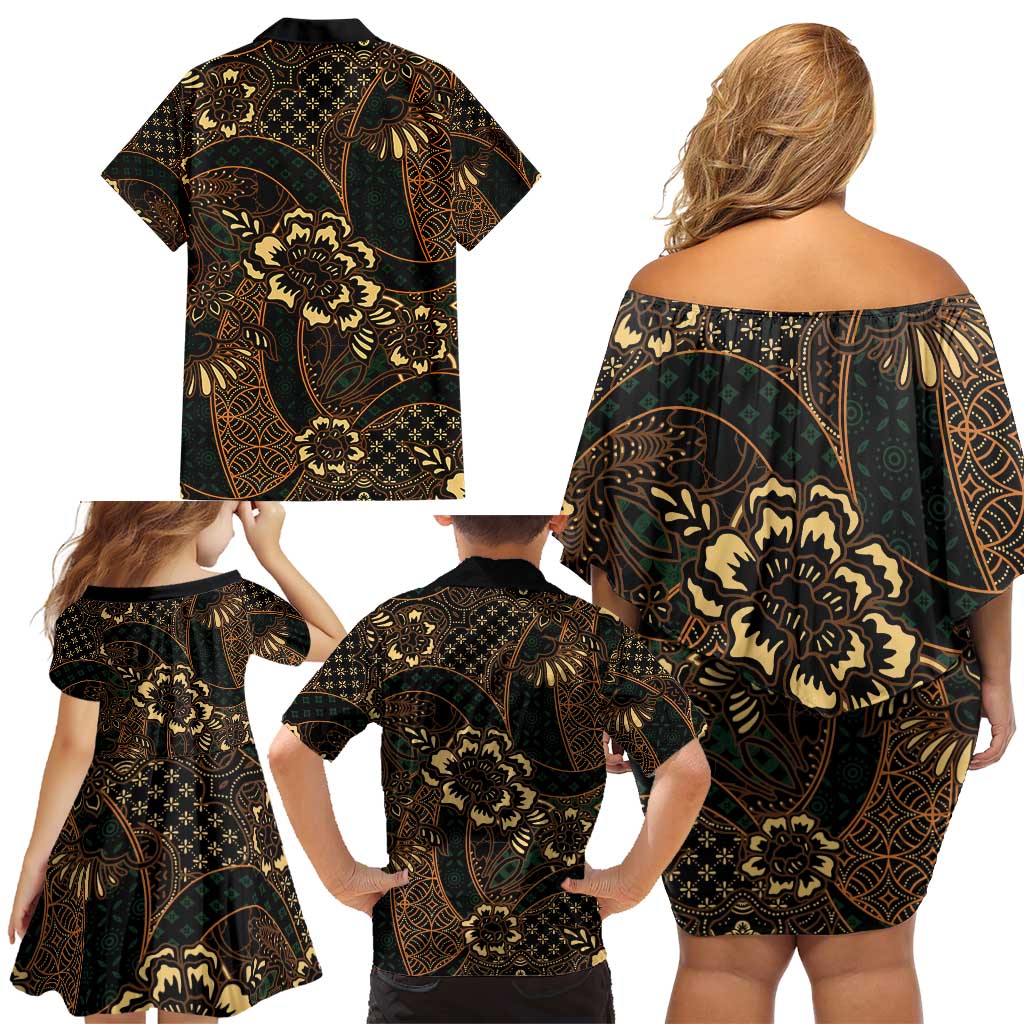 Indonesian Batik Pattern Vintage Brown Family Matching Off Shoulder Short Dress and Hawaiian Shirt LT01 - Polynesian Pride