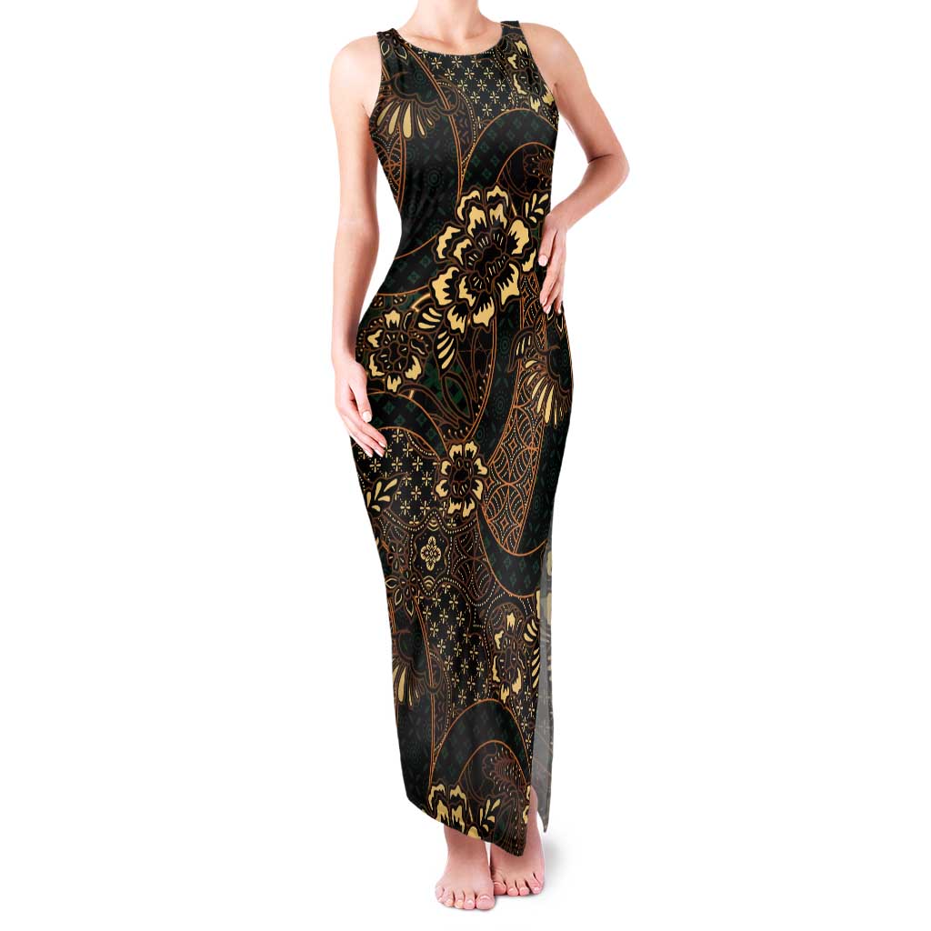 Indonesian Batik Pattern Vintage Brown Family Matching Tank Maxi Dress and Hawaiian Shirt