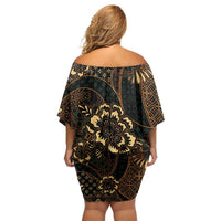 Indonesian Batik Pattern Vintage Brown Off Shoulder Short Dress