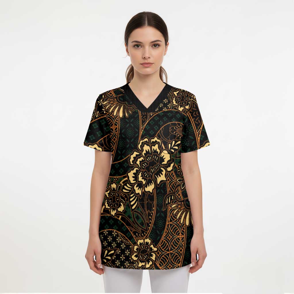 Indonesian Batik Pattern Vintage Brown Scrub Top LT01 - Polynesian Pride