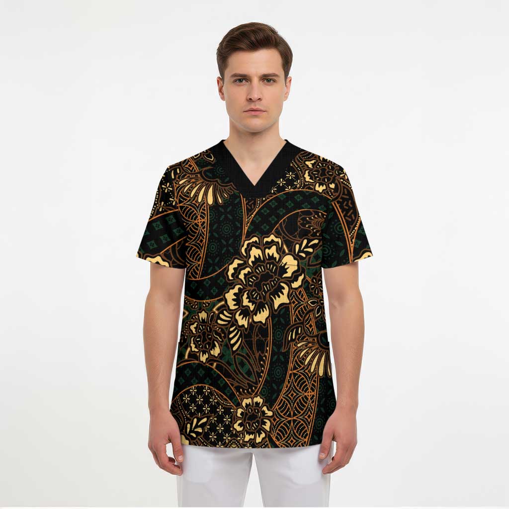 Indonesian Batik Pattern Vintage Brown Scrub Top LT01 - Polynesian Pride
