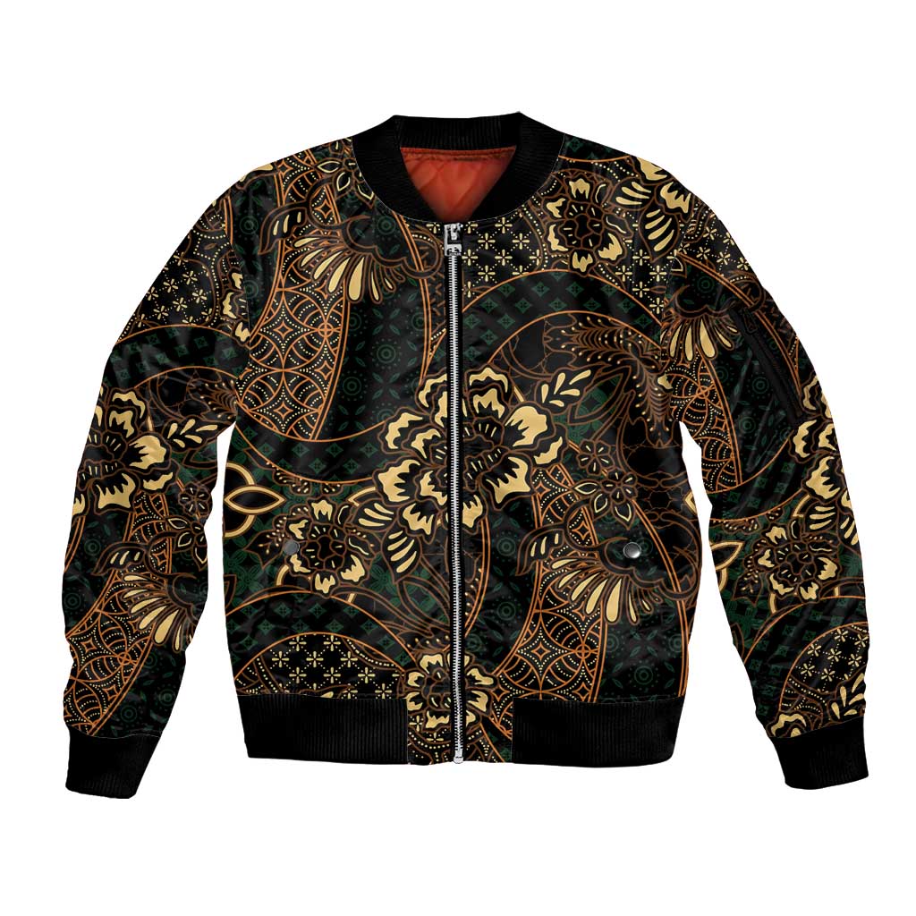 Indonesian Batik Pattern Vintage Brown Sleeve Zip Bomber Jacket