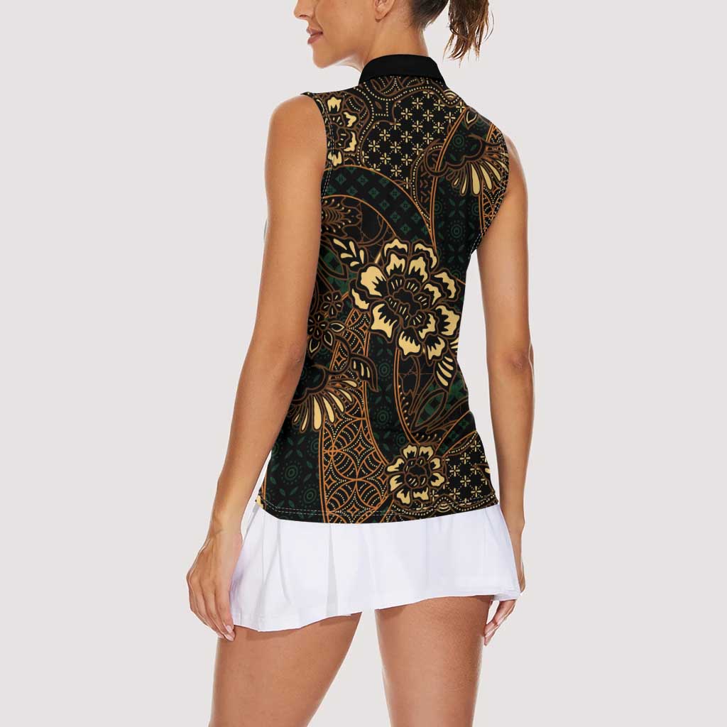 Indonesian Batik Pattern Vintage Brown Women Sleeveless Polo Shirt