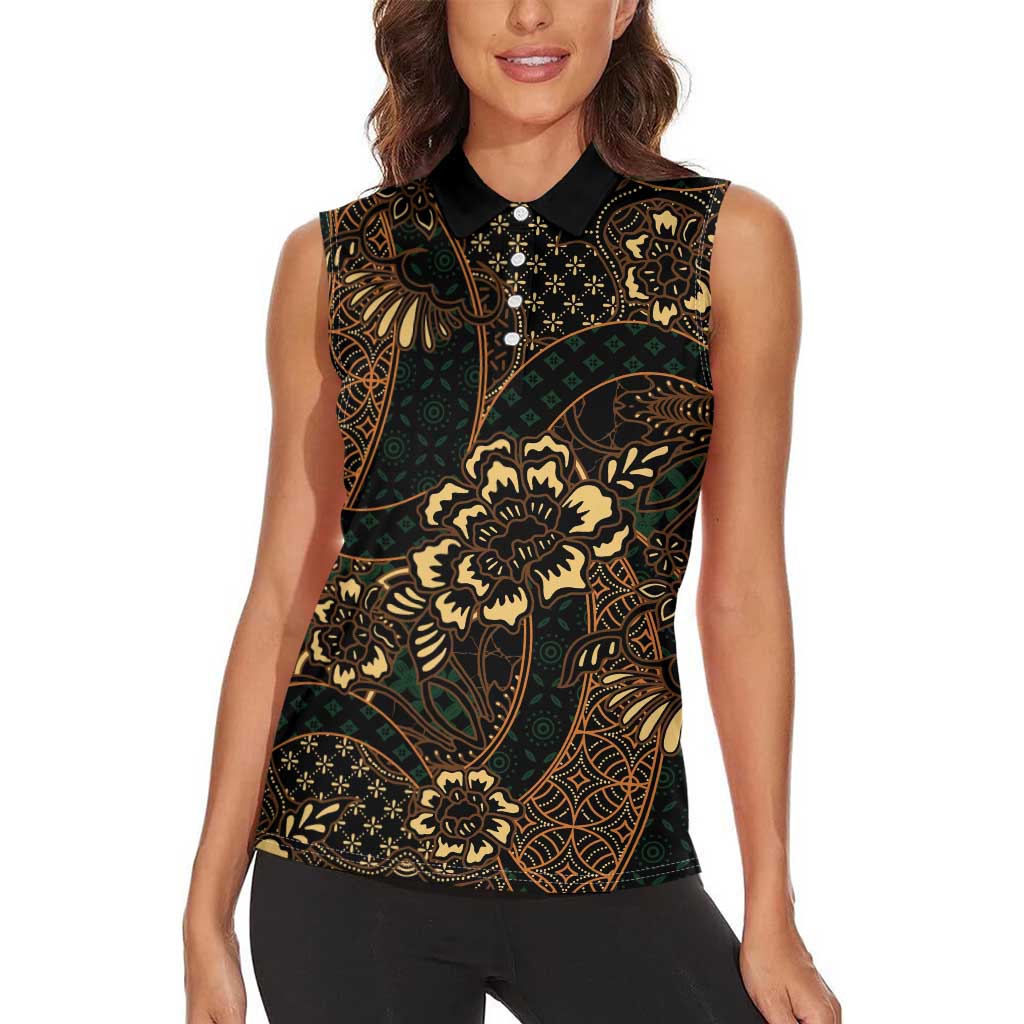 Indonesian Batik Pattern Vintage Brown Women Sleeveless Polo Shirt