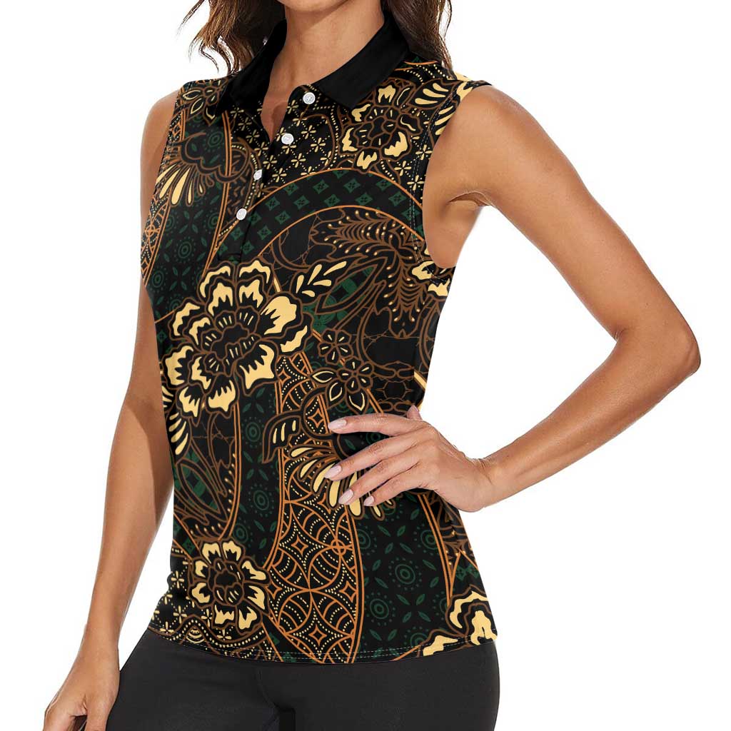 Indonesian Batik Pattern Vintage Brown Women Sleeveless Polo Shirt