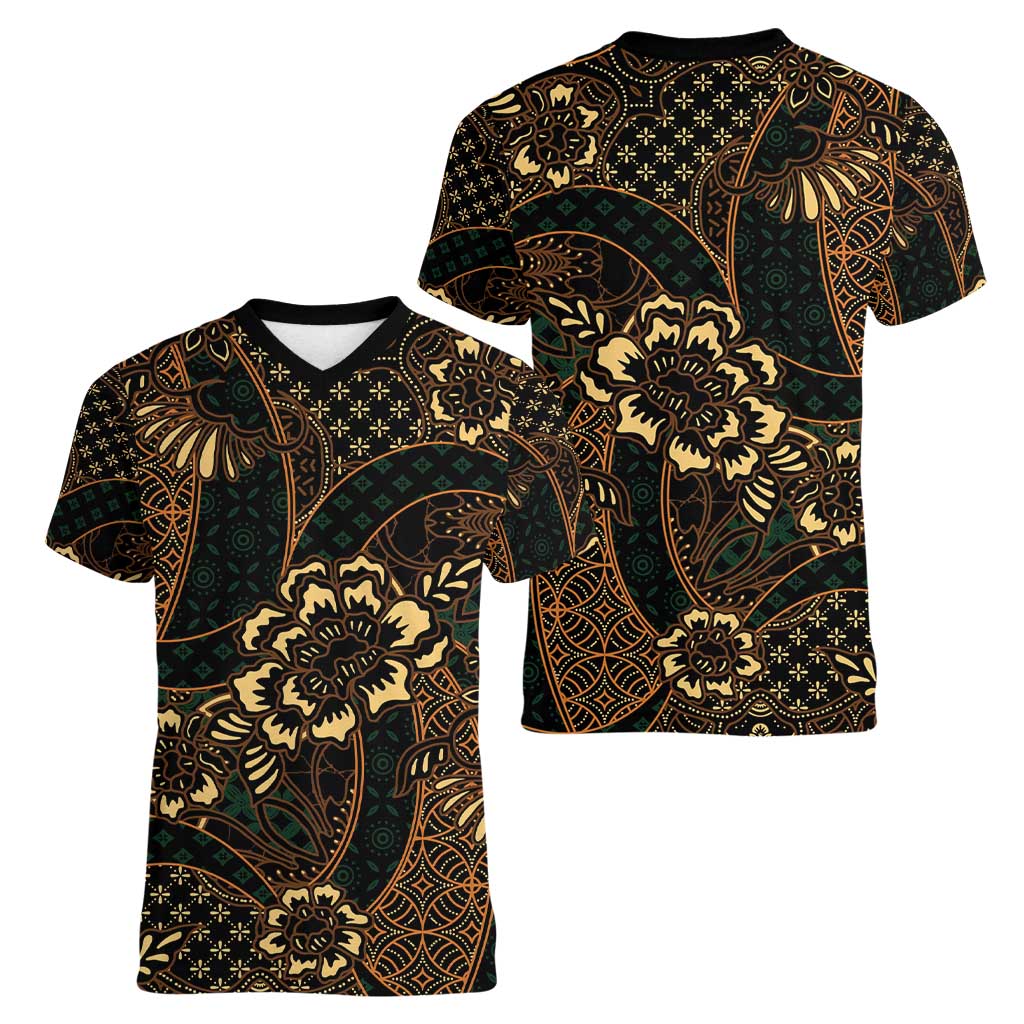 Indonesian Batik Pattern Vintage Brown Women V-Neck T-Shirt