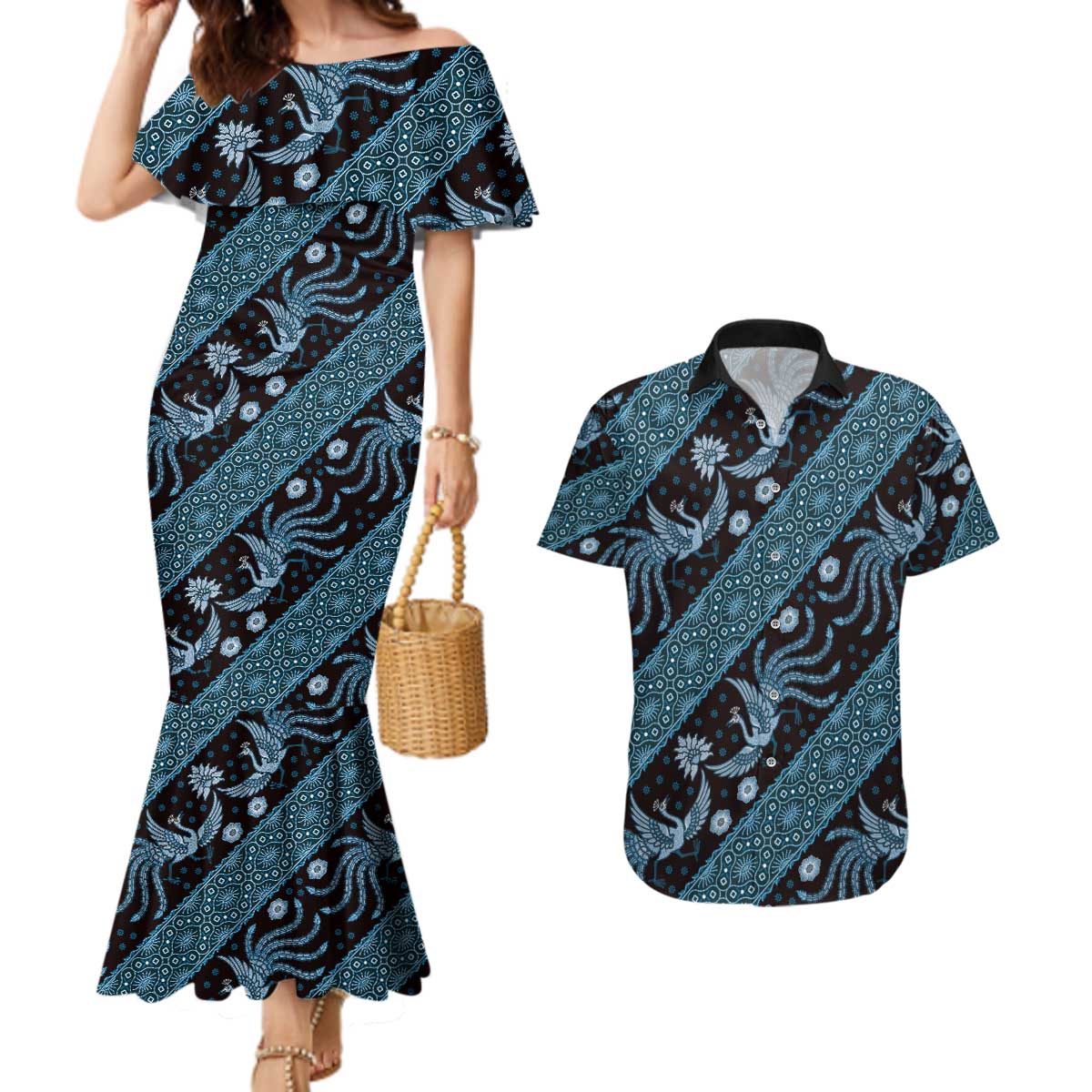 Indonesia Batik Pattern Couples Matching Mermaid Dress and Hawaiian Shirt Blue Version