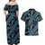 Indonesia Batik Pattern Couples Matching Off Shoulder Maxi Dress and Hawaiian Shirt Blue Version