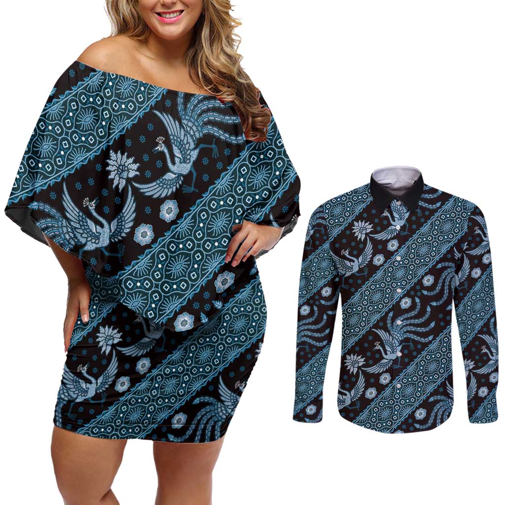 Indonesia Batik Pattern Couples Matching Off Shoulder Short Dress and Long Sleeve Button Shirt Blue Version