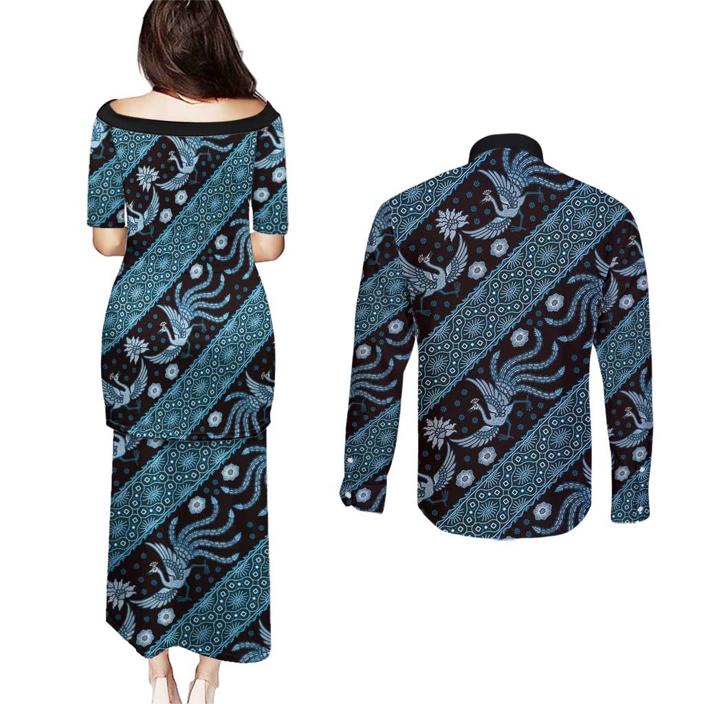 Indonesia Batik Pattern Couples Matching Puletasi and Long Sleeve Button Shirt Blue Version