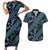 Indonesia Batik Pattern Couples Matching Short Sleeve Bodycon Dress and Hawaiian Shirt Blue Version