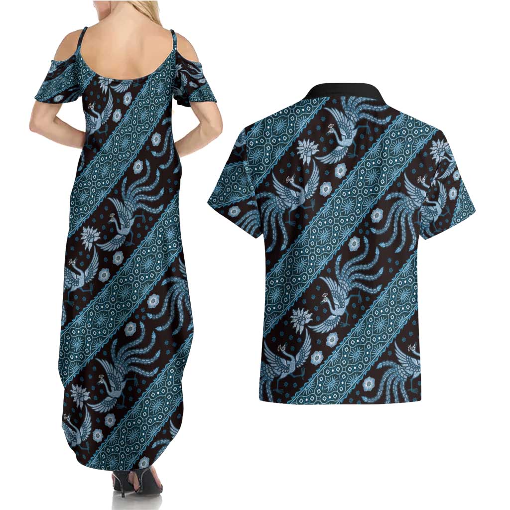 Indonesia Batik Pattern Couples Matching Summer Maxi Dress and Hawaiian Shirt Blue Version